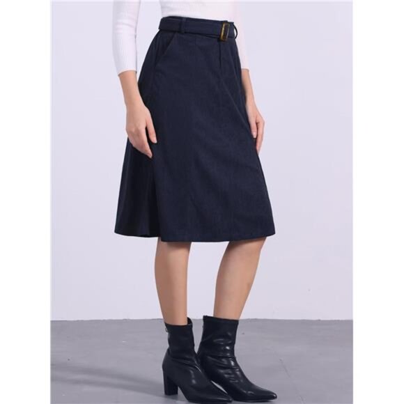 Women's High Waist Elastic Back A-Line Belted Skirt Blue - Picture 3 of 5